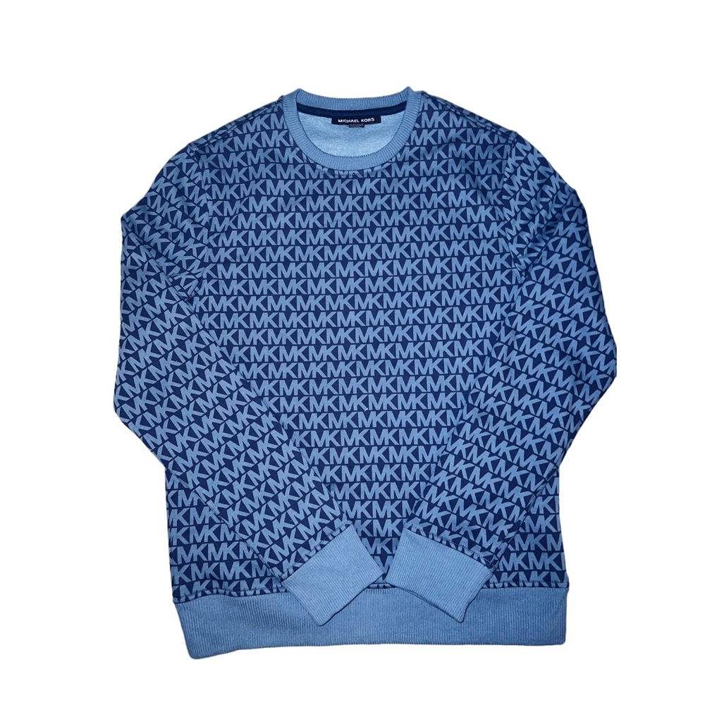 Michael Kors Sweatshirt-Navy Blue-Monogram Print-Signature Logo Size Small